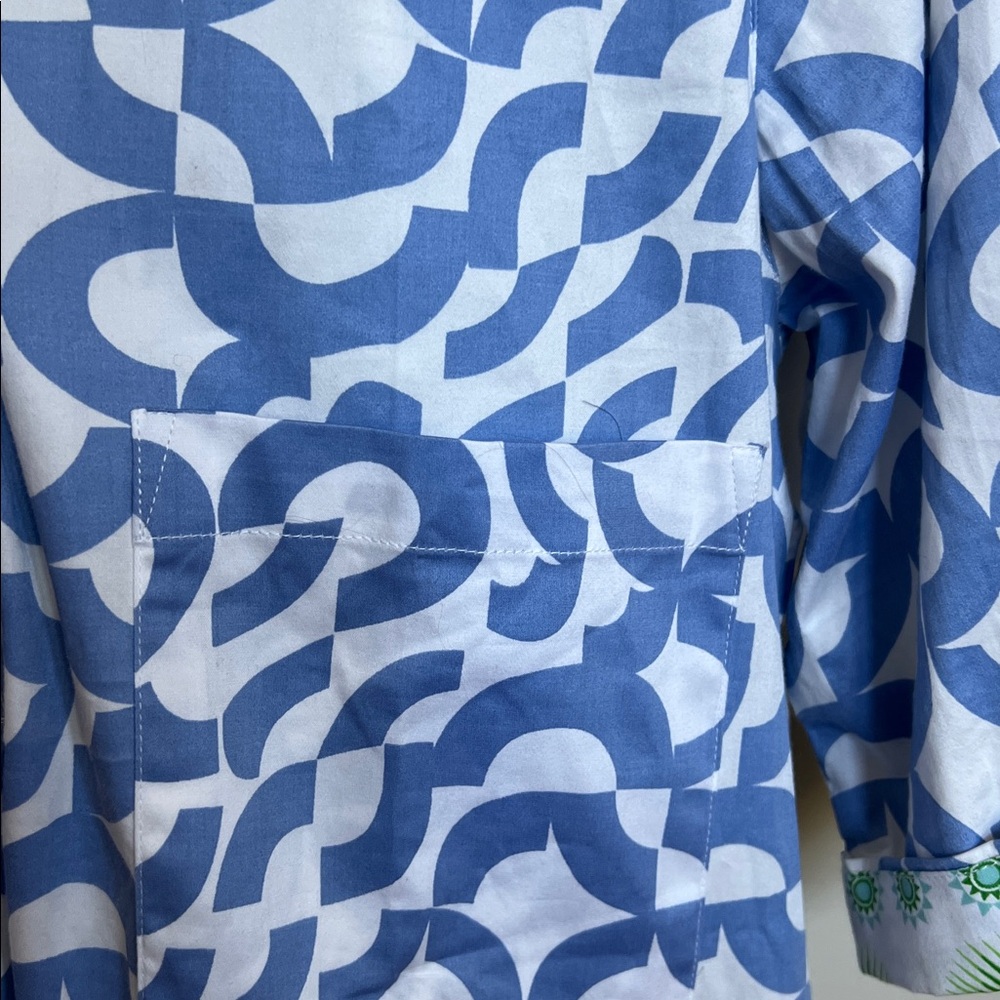DizzyLizzie Str Cotton Midi Shirt Dress Broken Circle Blue White Green Pocket XL - Picture 6 of 7
